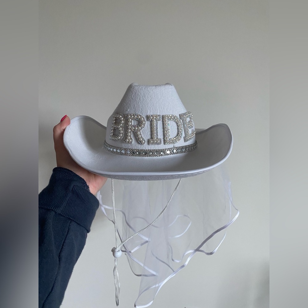 BRIDE White Cowboy Hat with veil. Worn once